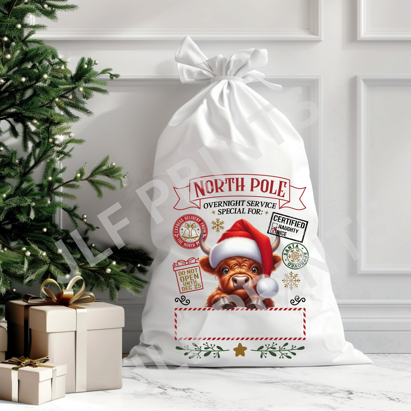 North pole Highland Cow - Santa Sack
